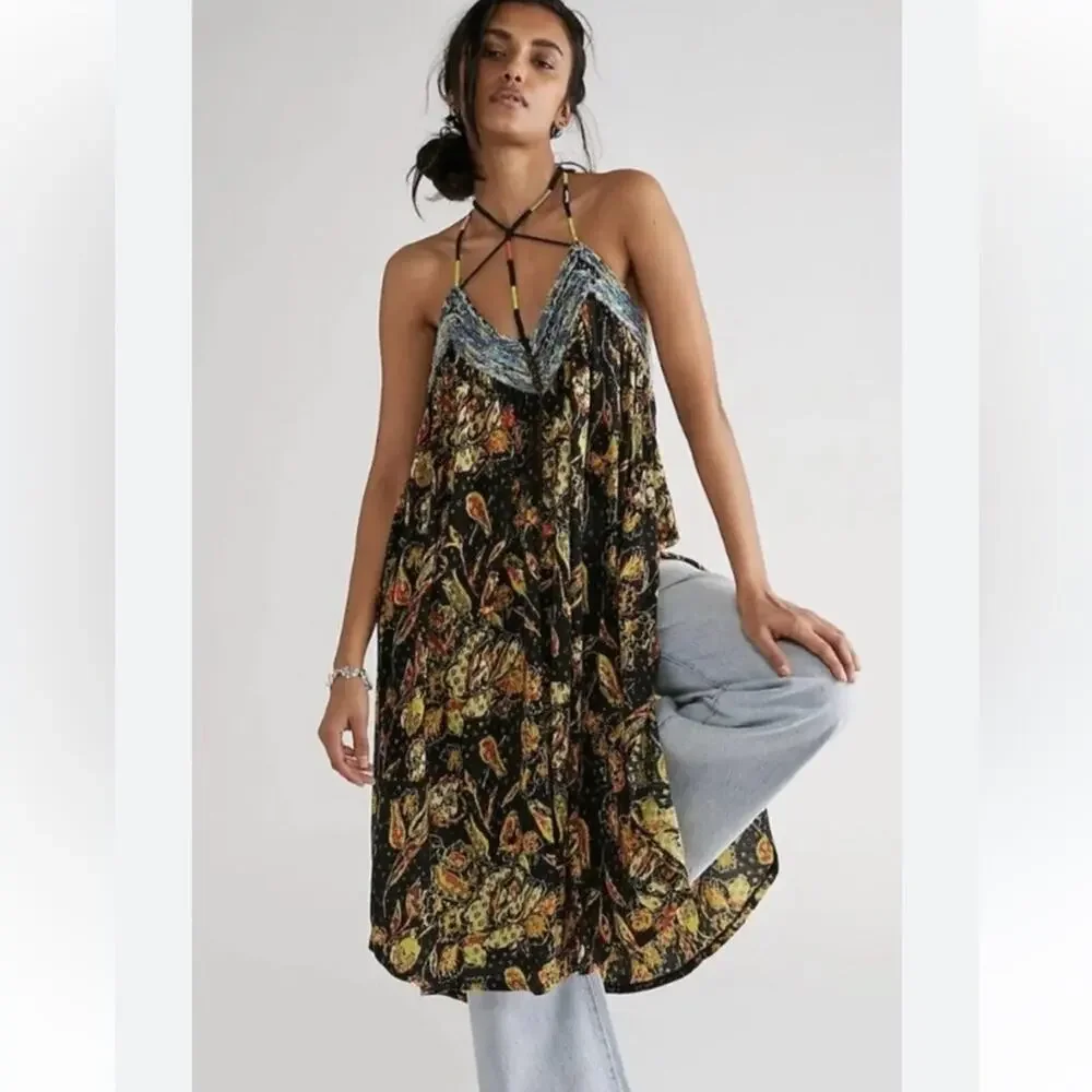 Free People Garden Party Cotton Blend Knit Dress In Black Combo Size XS
